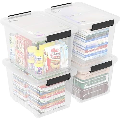30 Quart Clear Storage Latch Bins, Large Plastic Storage Box with Wheels, 4 Packs