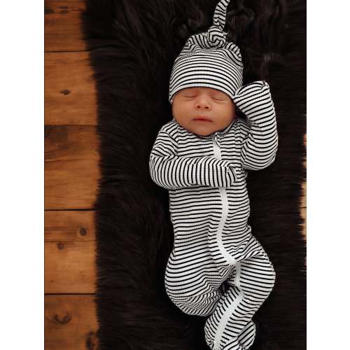 Black Stripe / Organic Ribbed Zip Footie