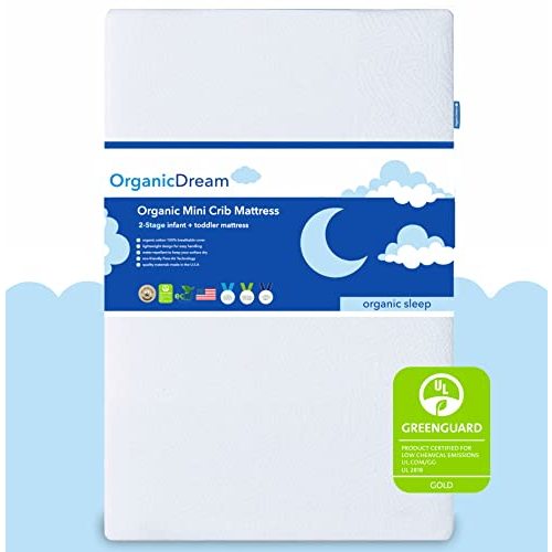 Organic Dream 5" Mini Crib Mattress - 100% Breathable Proven to Reduce Suffocation Risk - GREENGUARD I 2-Stage I Washable I Extra Firm Infant Side and Plush Toddler (38x24x5) - Deluxe 5" Thick