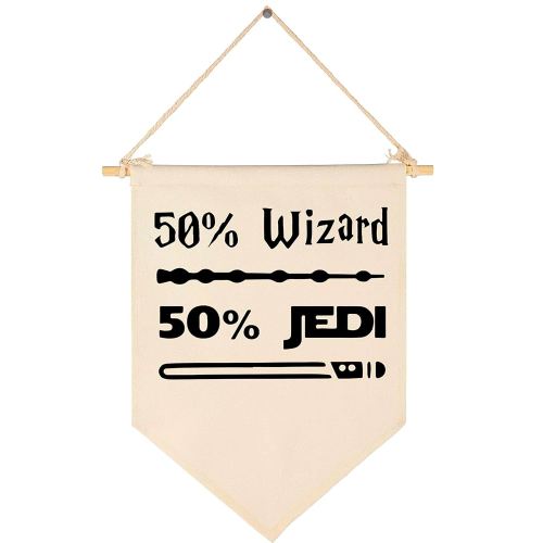 50% Wizard 50% Jedi-Canvas Hanging Flag Banner Wall Sign Decor Gift for Baby Kids Boy Nursery Teen Room Front Door -Star Quotes Wars Gift