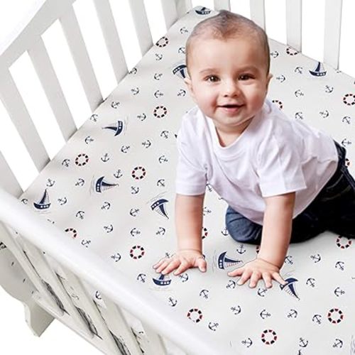 Brandream Nautical Crib Sheets Boy Navy Blue Fiited Crib Sheet Baby Toddler Sheets Cotton Coastal Theme 100% Cotton Anchor Printed
