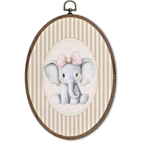 FLAWAFLOMA Vintage Elephant Nursery Oval Wall Art Decor, Kids Room Canvas Wall Art Framed, Preppy Elephant Hanging Decorations for Kids Toddler Boy Girl Nursery Room Bedroom Decor, 8.6x11.4 Inch