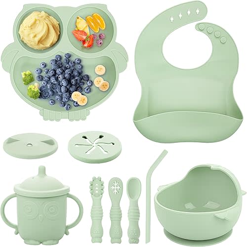 Baby Weaning Set, Silicone Baby Feeding Set(10 Pcs), Toddler Weaning Set with Adjustable Bib, Suction Bowl, Plate, Fork, Spoon, Water & Snack Cup Kit, Baby Led Weaning Kit for Babies and Kids