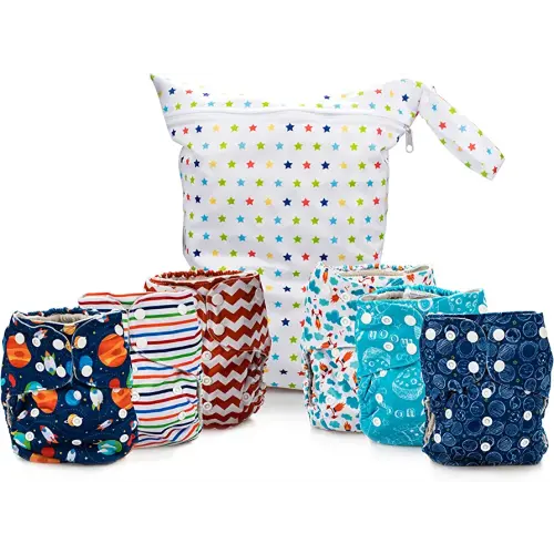 Simple Being Reusable Cloth Diapers, Double Gusset, One Size Adjustable, Washable Soft Absorbent, Waterproof Cover, Eco-Friendly Unisex Baby Girl Boy, six 4-Layers Microfiber Inserts (Space)