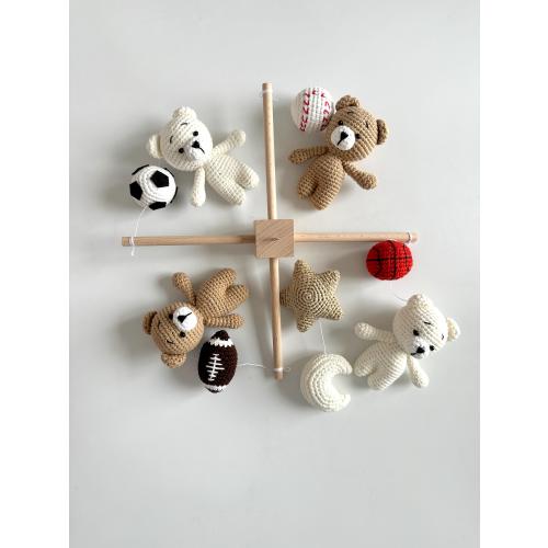 Crochet teddy bears with sportball baby mobile, little cute gift for baby shower . 100% pure handmade.