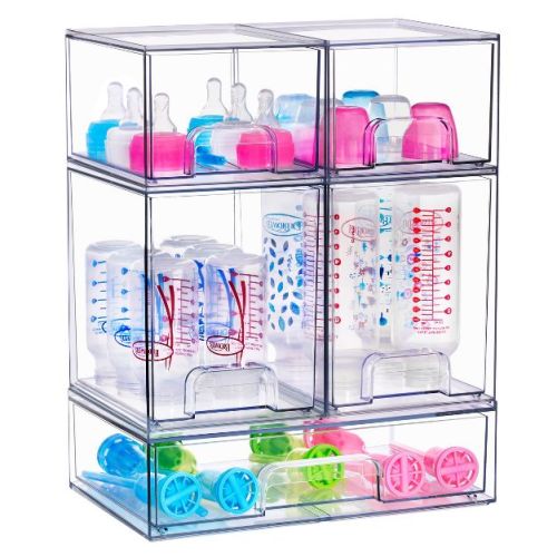 Sorbus 5 Piece Clear Stackable Pull-Out Storage Organizer Bins for Baby Bottles, Bathroom, Kitchen and More