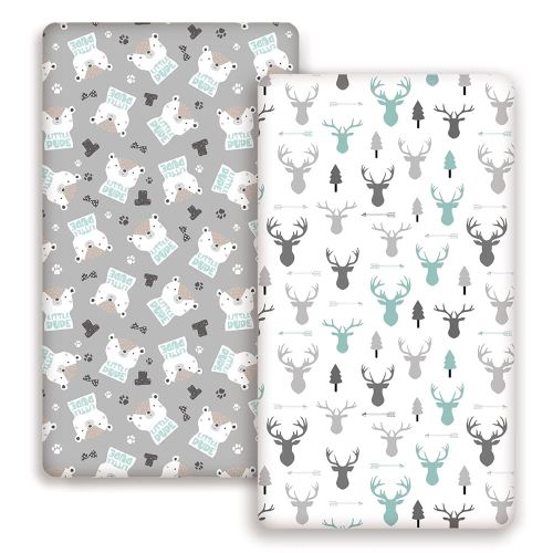 GRSSDER Stretchy Ultra Soft Jersey Knit Fitted Crib Sheets Set 2 Pack, Cozy Crib Sheet Fits All Standard Crib Mattress Pads, Grey Bear for Girls and Boys