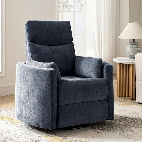 Premium Power Recliner Chair with Armrests and Movable Pillows, Fabric Nursery Glider Recliner, Electronic Swivel Rocker Recliner with USB Port for Nursing Room Bedroom, Navy