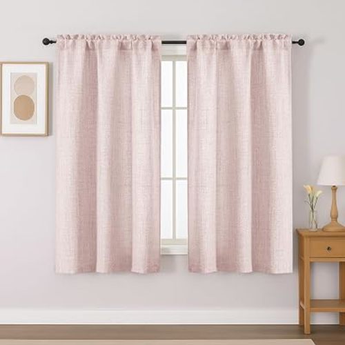 Gwine Blush Pink Curtains 45 Inch Length for Living Room, Light Filtering Faux Linen Textured Textured Soft Short Window Curtain, Farmhouse Rod Pocket Small Drapes for Bedroom, 30Wx45L inch, 2PCS