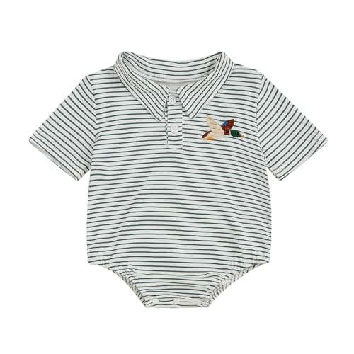 Kodaruber Newborn Baby Boy Embroidery Polo Romper Striped Print Short Sleeve Button Up Bodysuit Infant Summer Clothes