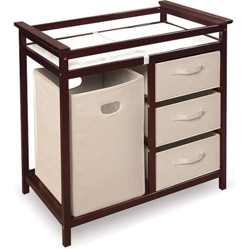 Badger Basket Modern Baby Changing Table - Nursery Furniture with Laundry Hamper and 3 Storage Drawers - Diaper Changing Station with Safety Belt, Changing Pad, Organizer Baskets - Cherry/Ecru