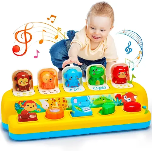 Interactive Pop up Animal Toys with Music & Light, Montessori Cause and Effect Toys for 1 Year Old Boy Girl Early Learning Musical Baby Toys 9-12-18 Months STEM Toddler Toys Age 1-2 Gift for Infant