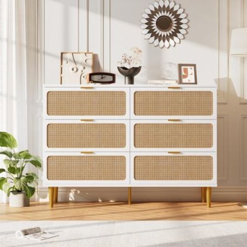 6-Drawer Rattan Dresser - Large Double Wide Wooden Chest with Deep Storage, Finish for Bedroom, Living Room, Nursery & Hallway Organization