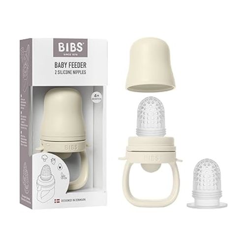 BIBS Baby Feeder with 2 Silicone Nipples, Compatible with Freezer Tray, Easy-Grip, BPA-Free - Ideal for Teething & Self-Feeding, 4+ Months - Ivory