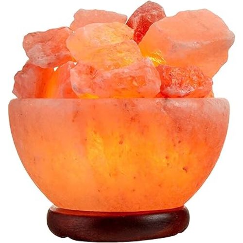 Spantik Himalayan Salt Lamp Bowl with Natural Crystal Chunks, Dimmer Cord and Classic Wood Base Premium Quality Authentic from Pakistan