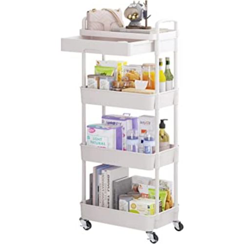 4-Tier Rolling Utility Cart with Drawer,Multifunctional Storage Organizer with Plastic Shelf & Metal Wheel,Storage Cart for Kitchen,Bathroom,Living Room,Office,White