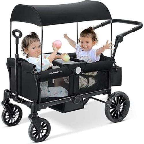 ELEMARA Wagon Stroller for 2 Kids, Premium All-Terrain Stroller with Canopy, Adjustable Push/Pull Handle Bar, Comfortable drop-down footwell and Upholstered Seats, Black