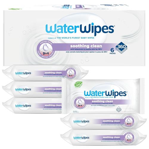 WaterWipes Soothing Clean Baby Wipes, 99% Water-Based Wipes with Botanical Extract, Unscented & Hypoallergenic, 360 Count (6 Packs), Packaging May Vary