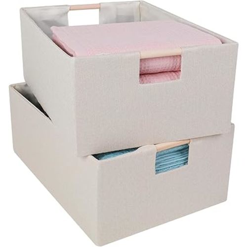 ANMINY 2PCS Storage Baskets for Organizing Collapsible Fabric Storage Bins Boxes with Wood Handles Closet Shelves Cube Organizer Bins Clothes Laundry Storage Container - Small, Beige