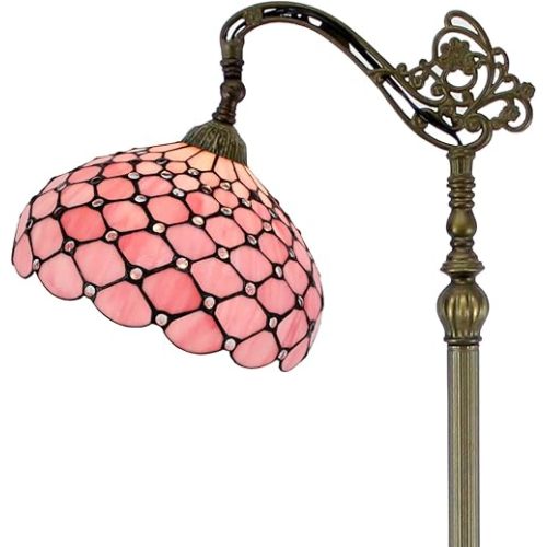 WERFACTORY Tiffany Floor Lamp Pink Stained Glass Pearl Bead Arched Lamp 12X18X64 Inches Gooseneck Adjustable Corner Standing Reading Light Decor Bedroom Living Room S005P Series