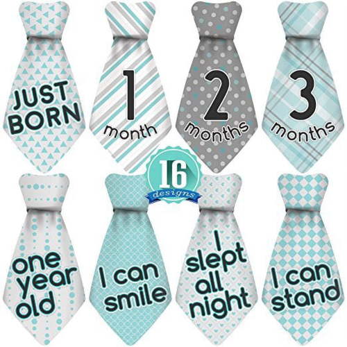 Stick'Nsnap 16 Baby Monthly Necktie Onesie Stickers - 'Happy Patterns' (TM), Turquoise,Gray