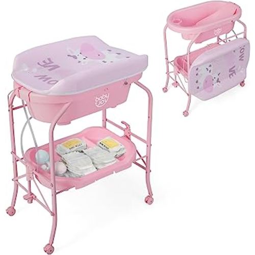 BABY JOY Baby Bathtub with Changing Table, Foldable Infant Diaper Changing Station with Storage Tray, Waterproof Pad, Portable Newborn Nursery Organizer Bath Stand with 4 Universal Wheels (Pink)