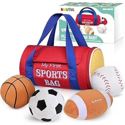 KMUYSL Baby Toys 0-12 Months, My First Sports Bag Plush Toy - 4 Sensory Balls Soft Toys with Crinkle, Rattles for 0-3-6-9-12 Month Newborn Infant, 1st Birthday for Babies Boys Girls Age 1