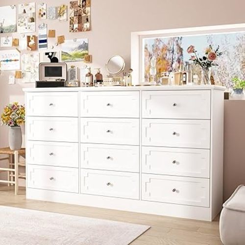 12 Drawer Dresser Chest of Drawers, Large Dresser for Bedroom, Modern White Dresser with 12 Drawers, Wide Dresser for Living Room Hallway, Silver Knobs, 15”D x 61”W x 35.4”H