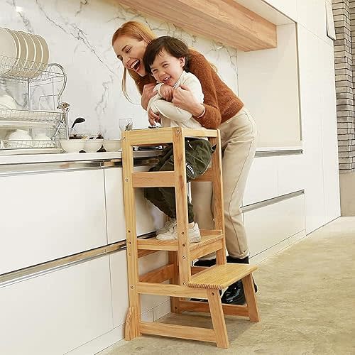 SDADI Mother's Helper Adjustable Height Step Stool Safety Counter Level Learning Toddler Tower for Kitchen and Bathroom, Natural