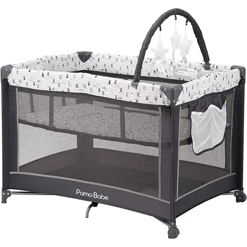 Pamo Babe Portable Playard,Sturdy Play Yard with Padded Mat and Toy bar with Soft Toys