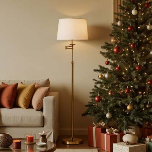 Swing Arm Floor Lamp - Antique Brass + White Shade