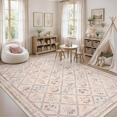 DCX Washable 5x7 Rose Biege Floral Rug for Girls Bedroom