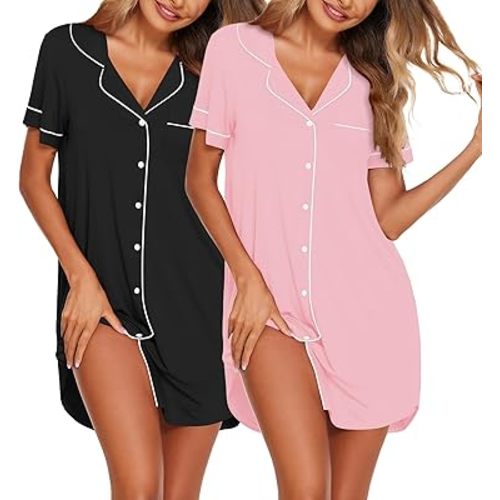 Ekouaer Nightgowns for Women 2 Pack Button Down Sleepwear Short Sleeve Sleepshirts Soft Nightshirts Boyfriend Pajama Dress