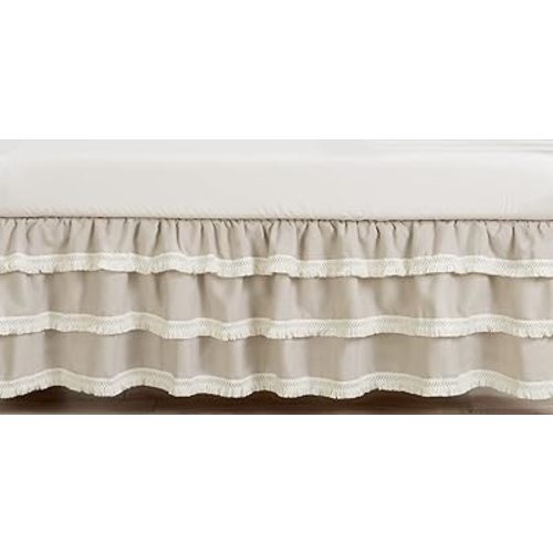 Sweet Jojo Designs Boho Bohemian Boy Girl Baby Crib Bed Skirt Nursery Dust Ruffle - Solid Taupe Beige Ivory Cream Off White Linen Farmhouse Shabby Chic Designer Modern Minimalist Ruffle Tassel Macrame