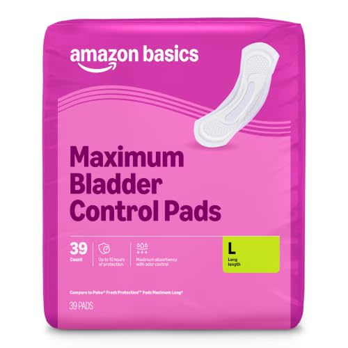 Amazon Basics Incontinence Pads for Women, Postpartum, Long, Maximum Absorbency, Bladder Control, Unscented, 39 Count, Packaging May Vary