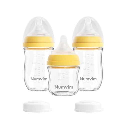 Natural Glass Baby Bottle Gentle & Extra Slow Flow, Without Lead Body,Newborn Breastfeeding Bottle with Anti Colic Nipple for 0 Months Babies, 3 Packs, (Yellow, 3oz+5oz)