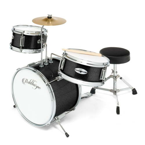 Ashthorpe 3-Piece Complete Junior Drum Set - Beginner Kit with Drummer's Throne - Black