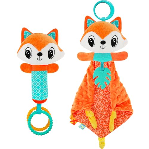 Baby Toys Fox Loveys and Rattle for Baby Boys and Girls, Security Blanket and Hand Shaker, Newborn Stuffed Hanging Animal Plush Snuggle Toy Easter Basket Stuffers