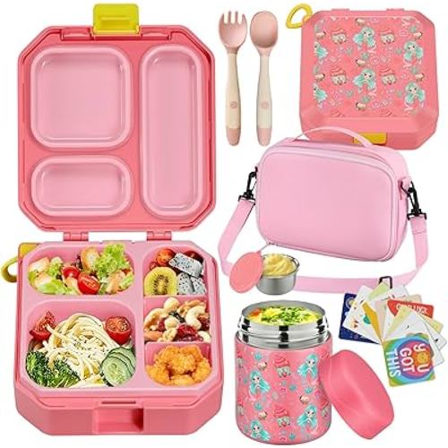 Bento Lunch Box for Kids with 12oz Soup Thermo Leak-Proof Lunch Food Container with 5 Compartment Thermo Hot Food Jar and Insulated Lunch Bag for Kid Toddler Girls Boys to School