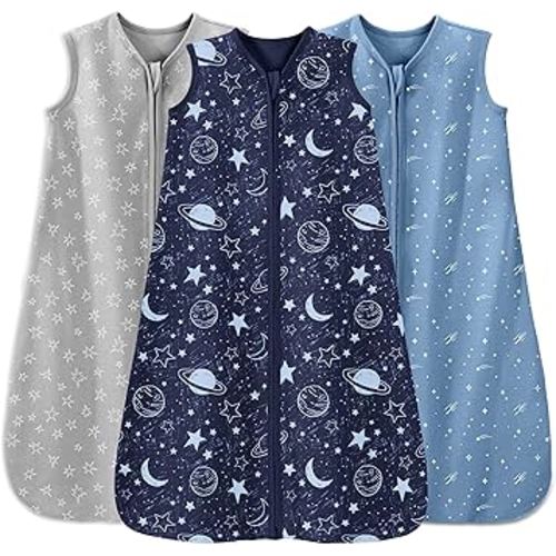 Baby Sleep Sack 0-6 Months 3 Pack 100% Cotton Lightweight 0.5 TOG Wearable Blanket Baby Sleep Bag with 2-Way Zipper for Newborn Infant Blue