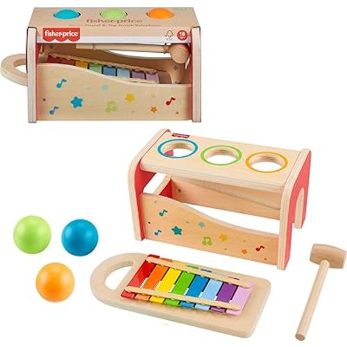 Fisher-Price Wood Toddler Toy Pound & Tap Bench Xylophone, 6-Piece Wooden Musical Activity for Preschool Kids Ages 18+ Months