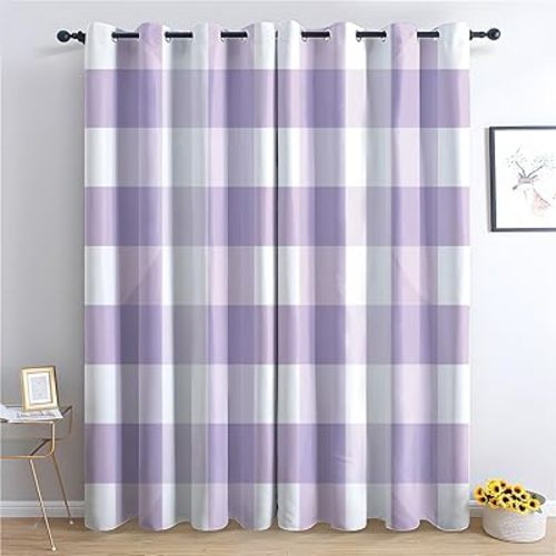 Lavender Plaid Blackout Curtains 108 Inch Length, Modern Gingham Curtains for Bedroom Living Room Decor, Minimalist Checkered Black Out Grommet Window Drapes 52 x 108, 2 Panels Set