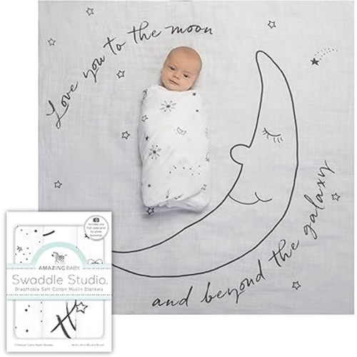Amazing Baby Muslin Swaddle Blankets for Baby, Newborn Receiving Blanket, 100% Cotton Swaddle Wrap, XLarge, 46 x 46 inches, Milestone Blankets, Set of 3, Love You to The Moon, Soft Black