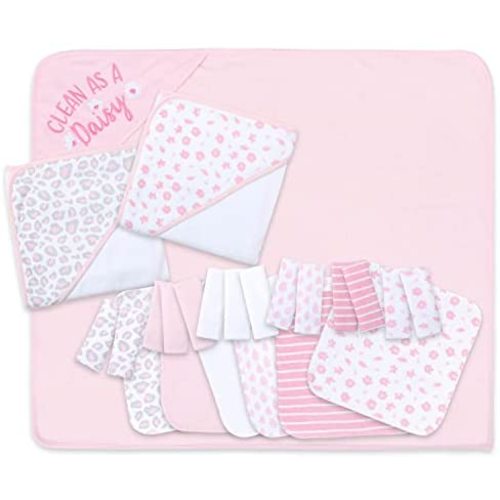 The Peanutshell Hooded Bath Towel and Wash Cloth Set for Baby Girls - 23 Piece Gift Set - Pink Floral & Cheetah Print