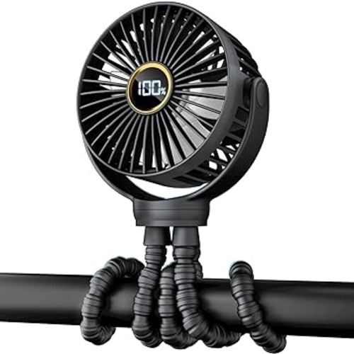 Portable Stroller Fan, Small Battery Powered Fan w/ 360° Rotation, 3-Speed, Rechargebale Mini Personal Fan w/Display, Stroller Accessories Gift for Car Seat, Crib, Bike, Treadmill, Black
