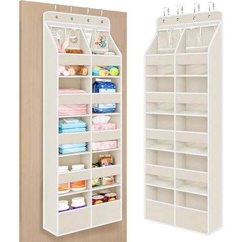 Univivi 6-Shelf Over Door Hanging Organizer Fabric Door Storage with 10 Large Pockets and 4 Small PVC Pockets Closet Cabinet Wall Mount Hanging Storage Organizers for Baby Nursery (Beige Pattern)