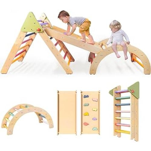 LOL-FUN Pikler Triangle Set Montessori Toddler Climbing Toys Indoor, Foldable Climbing Toys for Toddlers 1-3 Inside, 3 Piece Baby Climbing Gym Indoor Playground