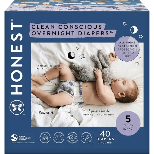 The Honest Company Clean Conscious Overnight Diapers | Plant-Based, Sustainable | Cozy Cloud + Star Signs | Club Box, Size 5 (27+ lbs), 40 Count
