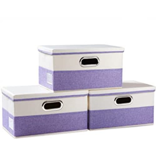 PRANDOM Collapsible Storage Bin with Lid [3-Pack] Fabric Foldable Storage Box Organizer Container Basket Cube with Cover for Home Bedroom Closet Office Nursery Purple&Cream(14.9x9.8x9.8)