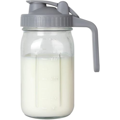 Breast Milk Pitcher, Mason Jar 32 oz, Heavy Duty Wide Mouth Jar with Flip Cap Lid and Pour Spout - Airtight Seal for Freshness and Convenience - Great for Cold Beverages, and Home Entertaining